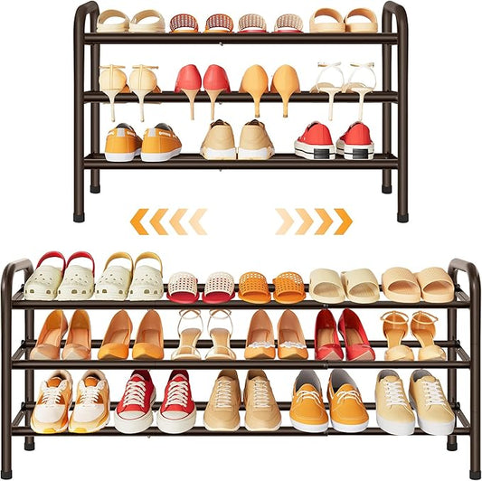 3 Tier Shoe Organizer, Shoe Rack for Closet, 28“ Metal Shelf Can Expandable to 42“, for Bedroom, Entryway, Closet, Garage, Adjustable to 18 Pairs Shoes, Brown-NeatNest