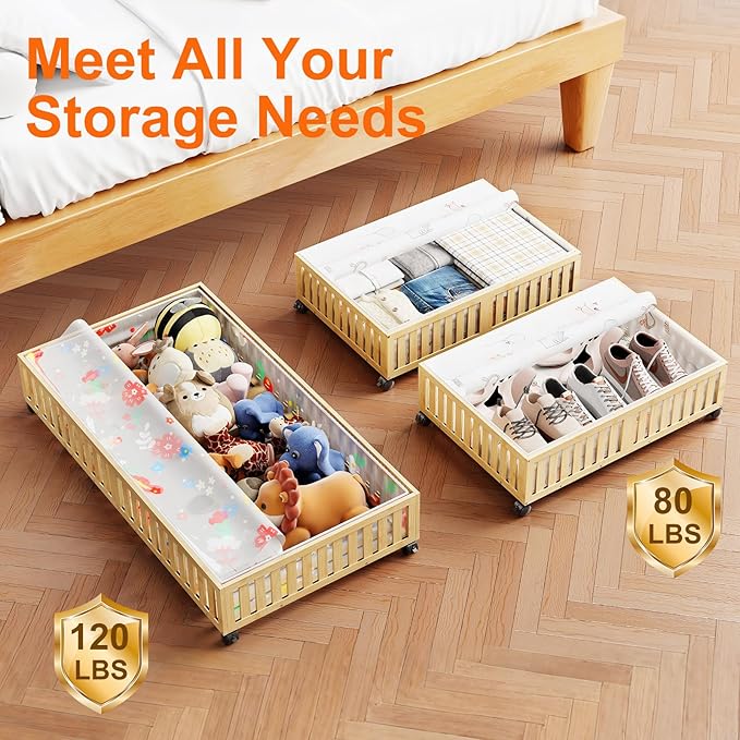 2Pack Bamboo Under Bed Storage Containers, UnderBed Storage with Wheels & 40L Large Capacity Dust Bag, Sturdy Rolling Under Bed Clothes Storage for Shoes Toy Book, Nature (24.02" × 16.54")-NeatNest