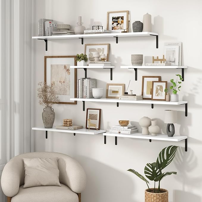 Fun Memories Deep Floating Shelves, 48W x 8D Floating Shelves Set of 2, Wall Mounted Shelf with Metal Brackets, Rustic Wood Wall Shelf for Bathroom, Kitchen and Living Room, White-NeatNest