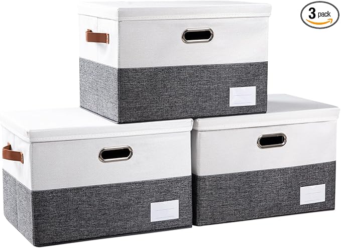 PRANDOM Foldable Storage Bins with Lids [3-Pack] Fabric Collapsible Storage Boxes Baskets Cubes Containers with Handles for Closet Living Room Bedroom (Grey & White 17.7x11.8x11.8'')-NeatNest