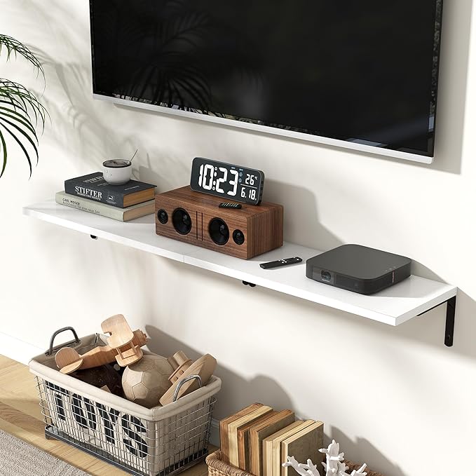 Fun Memories Deep Floating Shelves, 24W x 8D Floating Shelves Set of 2, Wall Mounted Shelf with Metal Brackets, Rustic Wood Wall Shelf for Bathroom, Kitchen and Living Room, White-NeatNest