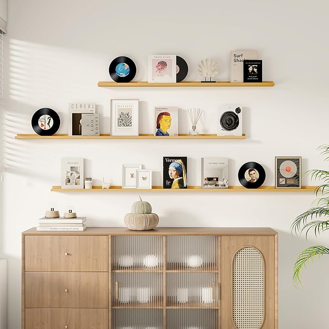Floating Picture Ledge Shelves for Wall Set of 2, 55 Inches Picture Shelf with Ledge, Nursery Book Shelf for Toys Storage Kids Bookshelf Wall Mounted Living Room Bedroom Decor Frames, Oak-NeatNest