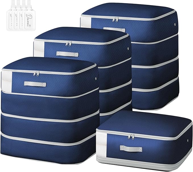 Comforter Storage Bag - Large Capacity Blanket Storage Bags 4-Layer Ultra Space Saving Self Compression Organizer, Washable Compression Bags for Storage Comforter Blanket, 4-Pack, Navy Blue-NeatNest