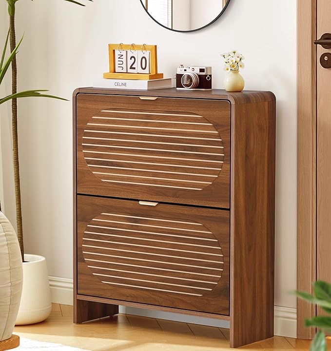 Narrow Shoe Storage Cabinet for Entryway with 2 Flip Drawers, Freestanding Wood Shoe Cabinet with Arched Stripe Panel, Curved Edge Shoe Organizer Closed Shoe Rack for Hallway, Foyer (Walnut)-NeatNest