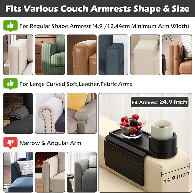 Couch Cup Holder Tray, 15.75" Bamboo Cup Holder for Couch, 3 in 1 Foldable Arm Chair Clip on Side Tray Table for Remote Snack Table on Armrest-NeatNest