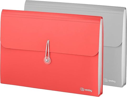 Accordian File Organizer, 13 Pocket Expanding File & Cover Folder with Labels, Plastic Portable Desktop Supplies Letter A4 Paper in Red and Grey (2 Pack) – by Enday