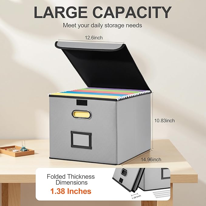 File Organizer Box, Linen Filing Organizer with Lid, Large Desktop File Boxes, Light Grey,1 Pack