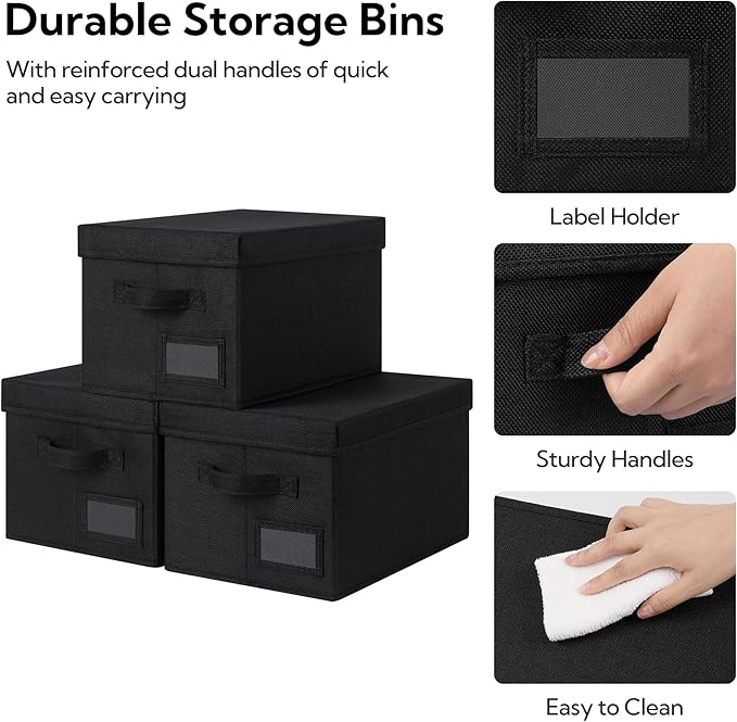 GRANNY SAYS Storage Bins With Lids, Linen Decorative Boxes for Shelves, Clothes Organization, 3-Pack, Black-NeatNest