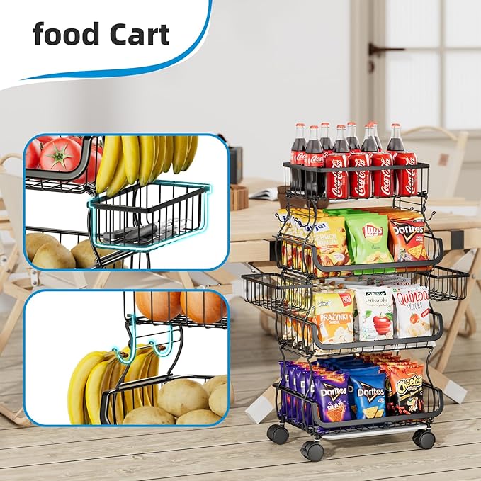 Simple Trending 4 Tier Rolling Cart, Stackable Fruit Vegetable Basket with Wheels and 2 Hanging Basket, Kitchen Storage Metal Wire Basket Stand for Vegetable Snacks, Black