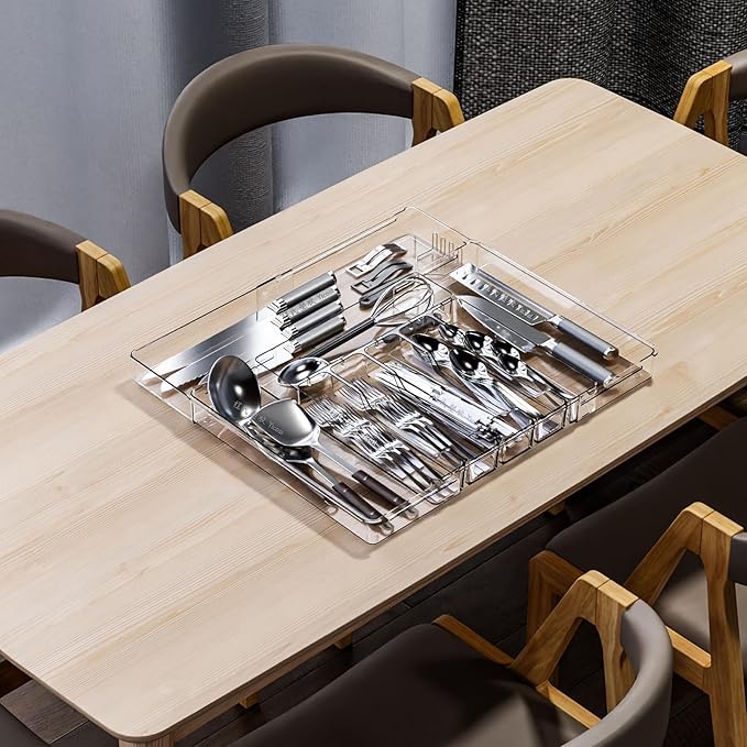 Clear Expandable Silverware Organizers for Kitchen Drawers,Large BPA Free Cutlery Organizer in Drawer,Plastic Utensil Drawer Organizer Suitable as Flatware,Knife,Fork,Spoon,Silverware Holder and Tray-NeatNest