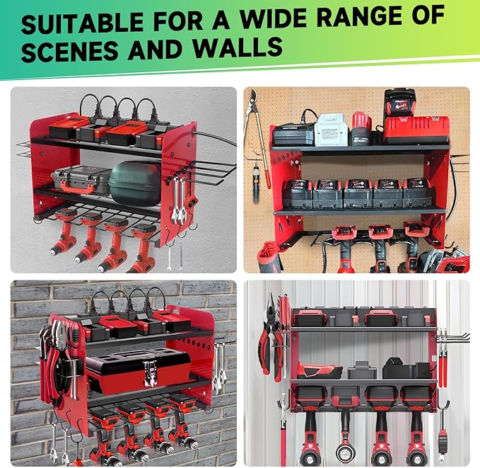 Garden Power Tool Organizer, Heavy Duty Tools Storage Rack Wall Mount with Charging Station, 3 Layers Yard Tool Shelf Drill Holder for Ryobi Tools - Ideal for Garage, Workshop