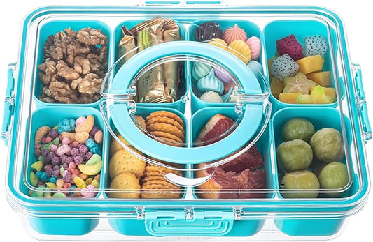 Divided Serving Tray with Lid and Handle - Snackle Box Charcuterie Container for Portable Snack Platters Organizer for Candy, Fruits, Nuts, Snacks - Perfect for Party, Entertaining, Lake blue-NeatNest