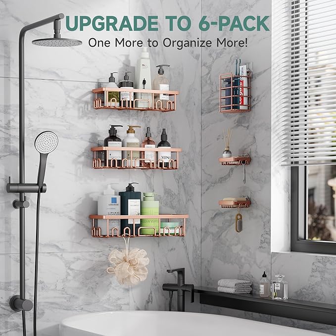 Veken Shower Caddy 6-Pack, No Drilling & Rustproof, Waterproof Adhesive Shelves Rack with Soap Holder, Large Capacity Bathroom Organizers and Storage, Wall-Mounted Kitchen & Home Decor-NeatNest