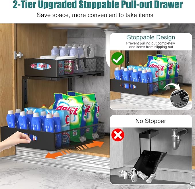 1 Pack Large Under Sink Organizer, 2 Tier Metal Pull Out Under Sink Storage with Sliding Mesh Drawers, Height Adjustable Slide Out Under Cabinet Organizer for Kitchen Bathroom, Black-NeatNest