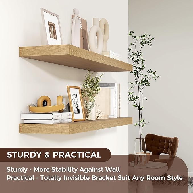 Floating Shelves for Wall, 36"W x 7.8"D x 1.5"H, 2 Pack of Long Wall Mounted Engineered Wood Shelves with Invisible Brackets for Living Room, Bedroom, Bathroom, Kitchen Decor and Storage, Oak-NeatNest