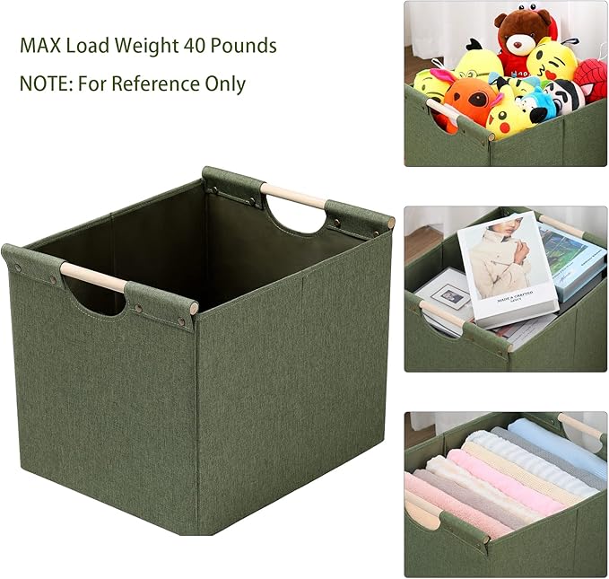 HOONEX Large Collapsible Storage Bins, Linen Fabric, Pack of 2, Storage Baskets with Wooden Carry Handles and Sturdy Heavy Cardboard, for Home, Office, Car, Nursery, Olive