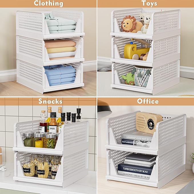 4 Pack Stackable Closet Storage Basket - Stackable Storage Bins, Multifunctional & Foldable Closet Organizer, Wardrobe Cupboard Space-Saving Clothes Storage Hat Organizer, White-NeatNest