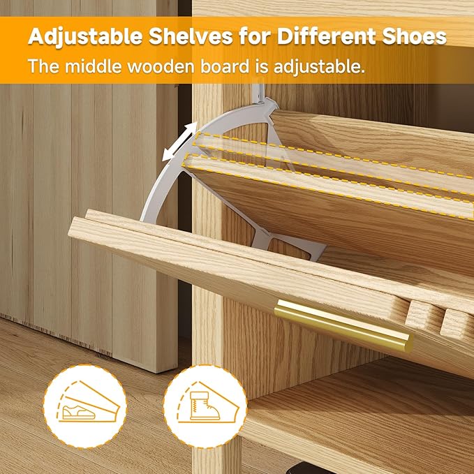 40" Shoe Storage Bench with Flip Drawers & Padded Seat Cushion, Adjustable Shelf, Slatted Doors Entryway Bench Shoe Cabinet with Bench for Entryway Living Room Bedroom, Natural