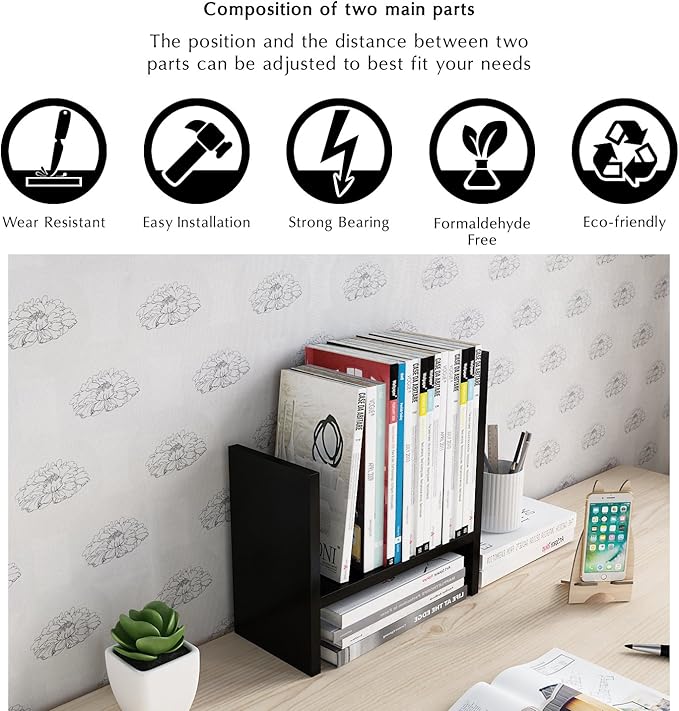 Jerry & Maggie Desktop Organizer Office Storage Rack Adjustable Wood Display Shelf Free Style Double H, Multi-Functional Mini Bookshelf for Desk Natural Stand (Black)-NeatNest