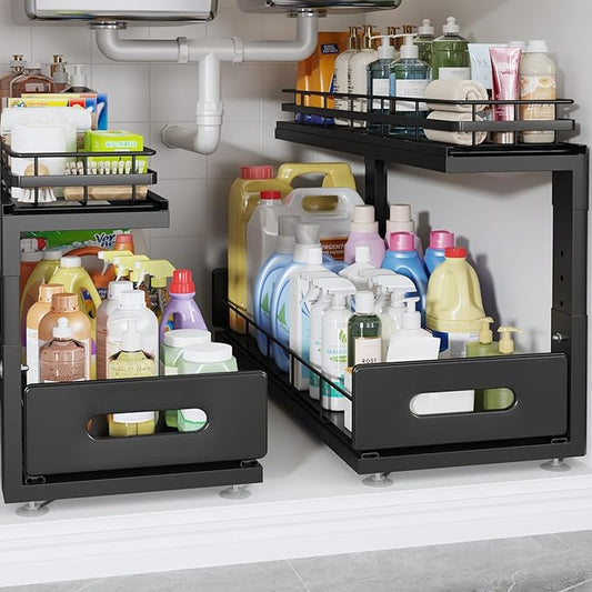 2 Pack 21 IN Depth Pull Out Cabinet Storage With Smooth Rails,2-Tier Dual Pull Out Cabinet Storage For Bathroom Kitchen,Under Sink Shelf-Black-NeatNest