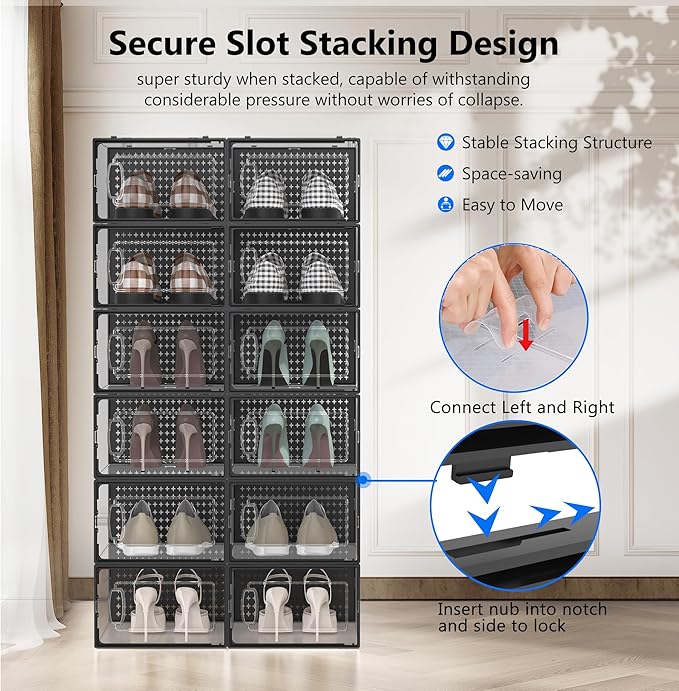 12 Pack X-Large Modular Clear Plastic Stackable Shoe Storage Organizer for Closet, Space Saving Versatile Sneaker Shoe Rack Containers Bins Holders, Portable Closet Organizers and Storage, White02-NeatNest