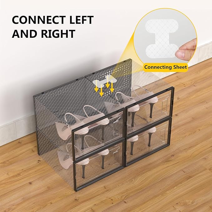 12 Pack Large Shoe Organizer Storage Boxes for Closet, Modular Space Saving Shoe Boxes Clear Plastic Stackable Sneaker Containers Display Case with Lids, Black05-NeatNest