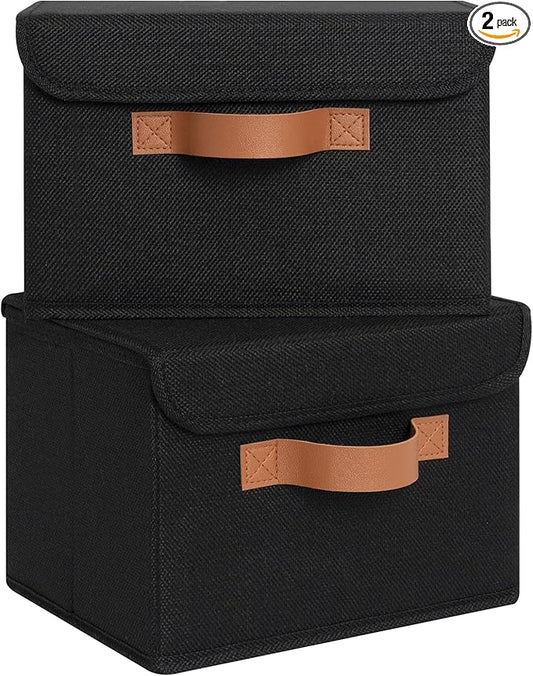 GRANNY SAYS Small Storage Bins with Lids, Small Storage Boxes, Shelf Baskets for Shelf, Collapsible Storage Bins for Living Room, Bedroom, 10x8x7 Inch, Black, 2-Pack-NeatNest