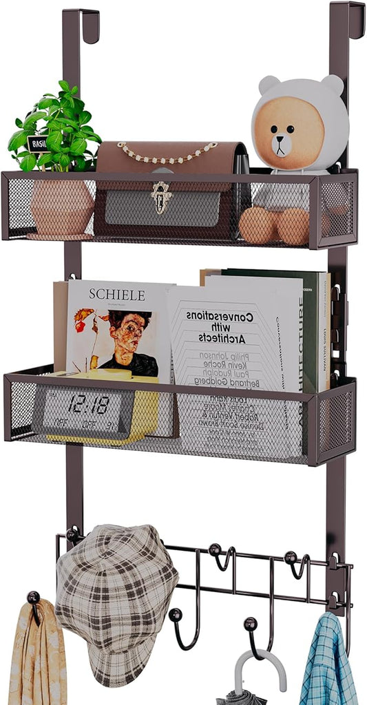 HapiRm Over The Door Hanger with Coat Hooks and 2 Baskets, Rustproof & Waterproof Over The Door Hooks, Storage Organizer for Hats, Bathroom, Kitchen, Bedroom - Bronze