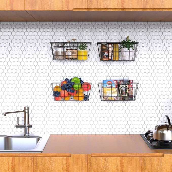MaraFansie Over the Cabinet Door Organizer Wall Wire Baskets Hanging Kitchen Basket Shelf for Cabinet & Pantry Organization and Kitchen, Bathroom, Bedroom Storage, with Adhesive, 4 Pack-NeatNest