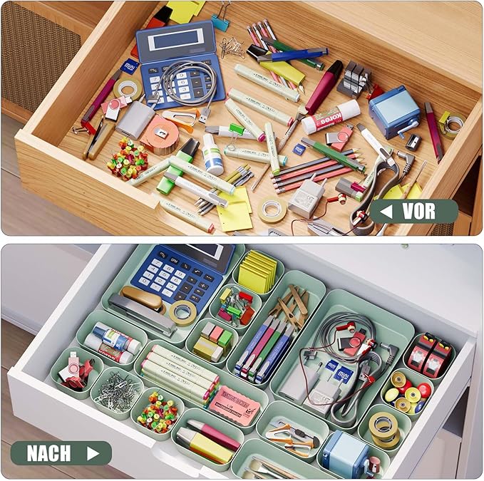 Plastic Drawer Organizers, 18 PCS Drawer Organizer Bins, Bathroom and Vanity Organizer Plastic Tray, Makeup organizer and storage for Makeup, Bedroom, Kitchen Gadgets Utensils and Office (Green)-NeatNest