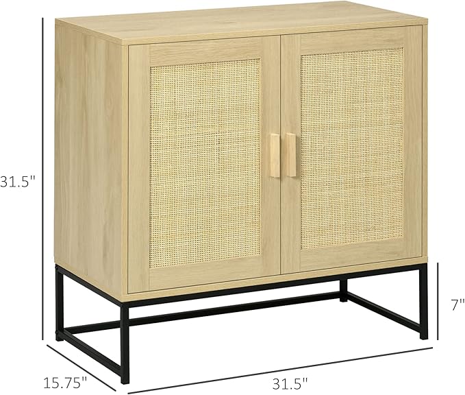 HOMCOM Accent Cabinet, Boho Storage Cabinet with Rattan Doors, Adjustable Shelf and Metal Base, Sideboard for Living Room, Kitchen, Natural