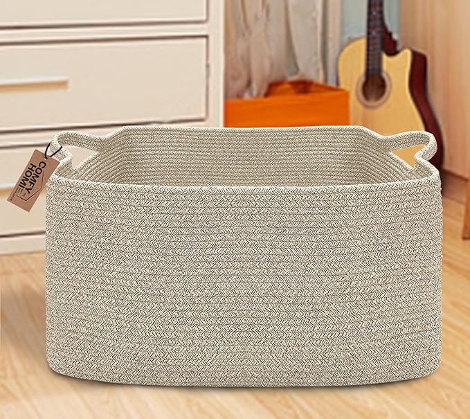 COMFY-HOMI Large Rectangular Blanket Basket, Woven Cotton Rope Baskets for Storage, Laundry Hamper Basket, Storage Bin,Toy Organizing Bin with Handle, Organization and Storage-22x15x12”-Brown-NeatNest