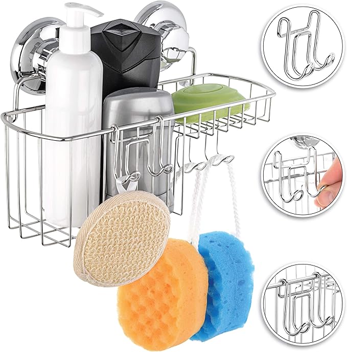 HASKO Shower Caddy Suction Cup, Shower Shelf with Soap Dish and Hooks Organizer, Suction Bathroom Shelf for Storage, Wall Mounted Basket, Silver