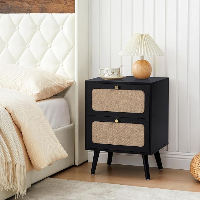 Mid Century Night Stand Set of 2, Modern Nightstand with 2 Drawers & Curved Linen Panel, Farmhouse End Table Wood Bedside Table Small Side Tables for Small Space, Bedroom (Black)