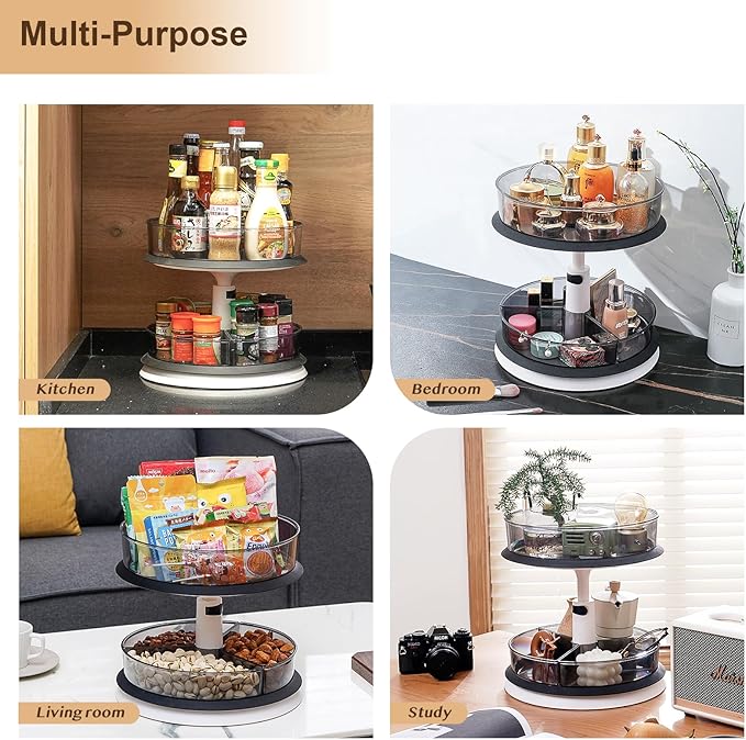 2 Tier Lazy Susan Turntable Organizer for Medicine Cabinet Bottle Pantry Countertop with Clear Large Spice Rack 11 Inch Grey-NeatNest