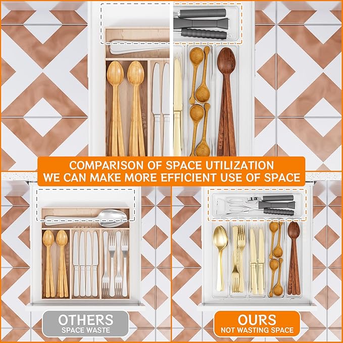Clear Silverware Organizer for Kitchen Drawers,BPA Free Cutlery Drawer Organizer,6 Slots Plastic Utensils Organizer Suitable as In-Drawer Silverware Holder and Tray,Flatware,Knife,Fork,Spoon Organizer-NeatNest