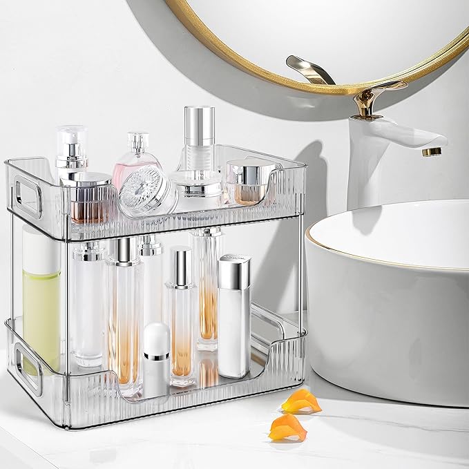 2-Tier Bathroom Counter Organizer Countertop Storage, Dresser Organizer Vanity Tray for Makeup, Perfume Organizer Cosmetics Skincare Shelf - Grey-NeatNest