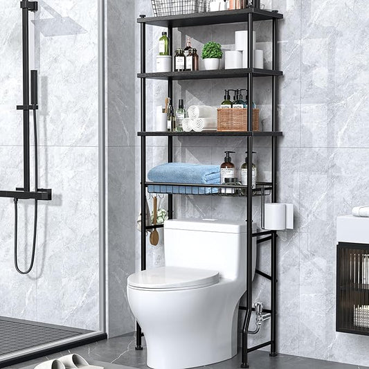 4-Tier Over-The-Toilet Storage Rack, Bathroom Organizer Shelf Over Toilet with Shelf Waterproof Feet Pad and Basket, Multifunctional Space Saver Bathroom Shelves Above Toilet for Room (Black)