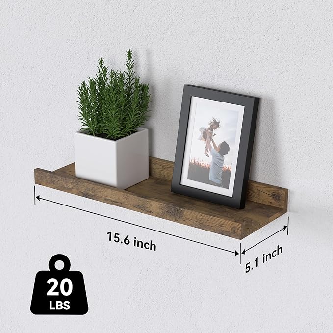 Floating Shelves Set of 6, Farmhouse Wall Shelves with Lip, Display Shelves for Wall Decor, Rustic Picture Ledge for Living Room, Bedroom, Nursery, Bathroom, Pictures, Books, Plants- Brown-NeatNest