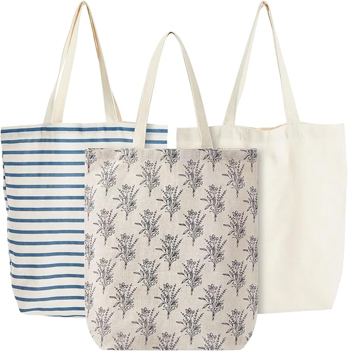 Juvale Canvas Tote Bag Set of 3 - Small Multi-Color (3 Designs) - Polycotton Reusable Cloth Bags for Grocery & Farmers Market (15 x 16.5 in)-NeatNest
