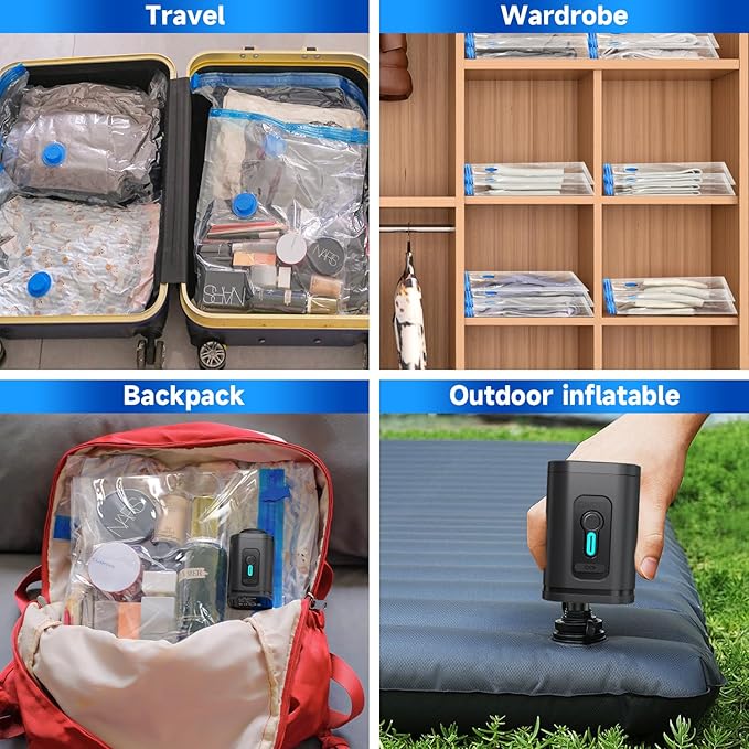 Travel Vacuum Storage Bags Combo Portable Wireless Electric Pump,12 Pack Compression Bags for Travel,Space Saver Vacuum Storage Bags for Clothing and Luggage-NeatNest