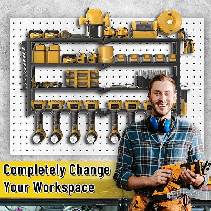 Heavy Duty Power Tool Organizer Wall Mount, Cordless Drill Hanger Storage Rack, Battery Tool Holder Utility Rack with Side Wrench Rack for Garage Workshop-32 Inch 8 Slots
