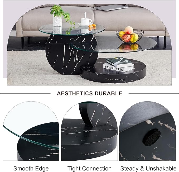 Glass Coffee Tables for Living Room Round Coffee Tables Modern Double Layer Round Table Circle Coffee Table for Small Space Home Office (42 Inch Black)