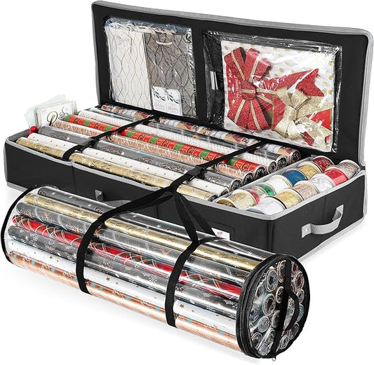 Hearth & Harbor Wrapping Paper Storage Container and Clear Wrap Paper Holder - Christmas Storage Bag with Interior Pockets - Fits Up to 36 Rolls of 40" - Tear Proof, Black-NeatNest