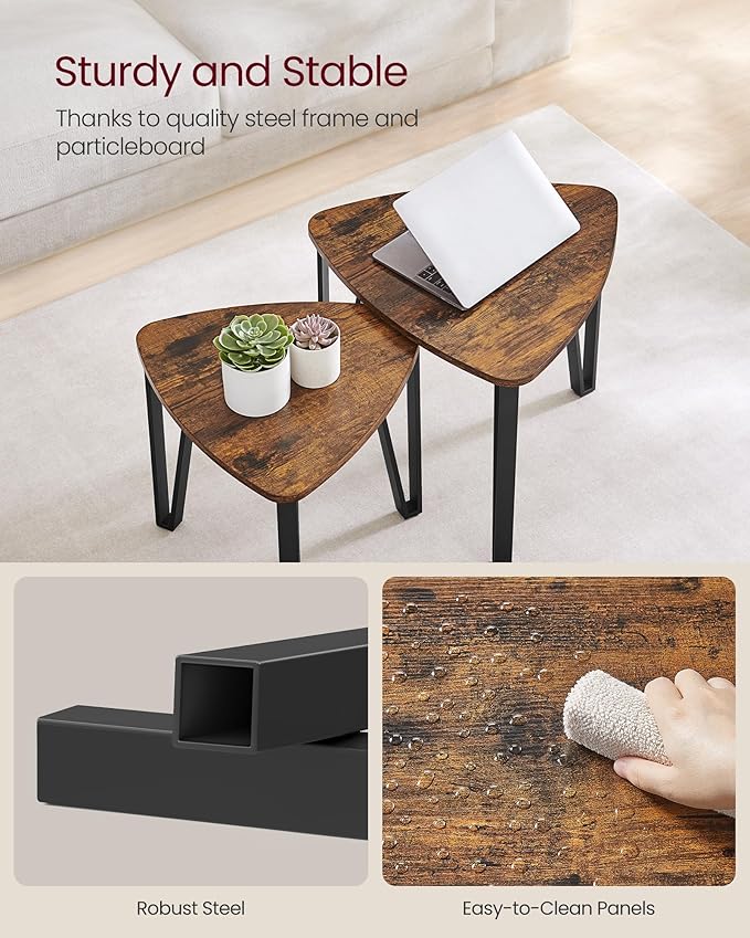 VASAGLE Nesting Coffee Tables, End Tables Set of 2 for Living Room Bedroom, Industrial Small Stacking Side Tables with Metal Frame for Couch, Rustic Brown and Black ULET013B01