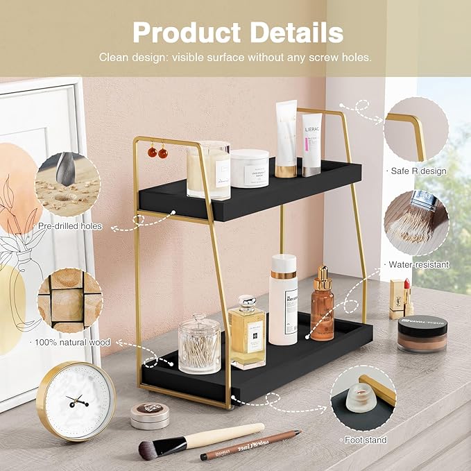Forbena Black and Gold Bathroom Organizer Countertop, 2 Tier Counter Organizer for Bathroom Decor, Modern Sink Organizer Shelf for Vanity Storage, Organizer Tray for Makeup Bedroom