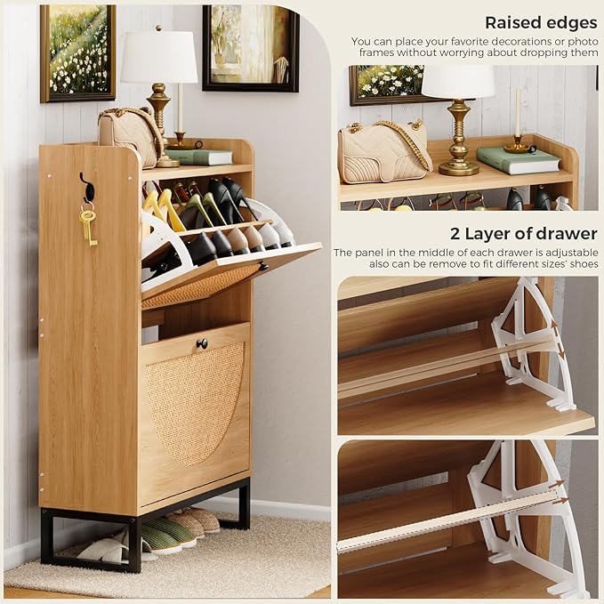Shoe Cabinet with 2 Flip Drawers, Natural Rattan Freestanding Shoe Cabinet Storage for Entryway, Slim Shoes Organizer with Metal Legs, Narrow Shoe Rack Cabinet for Hallway (2 Flip Drawers, WOOD)-NeatNest
