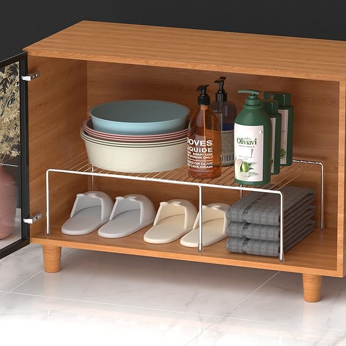 Kitchen Cabinet Expandable Shelf Organizers, Adjustable Metal Wire Pantry Storage Shelves, Plate Dish Organizer Rack for Cabinets, Cupboard, Counter, Freezer, Countertop, Chrome
