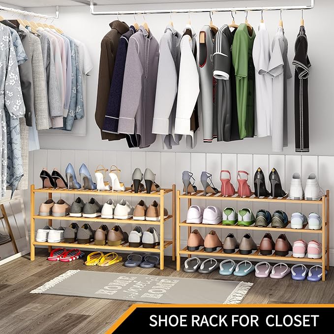 Long Shoe Rack, 3-Tier Bamboo Stackable Shoe Shelf Storage Organizer, Shoe Stand for Closet, Entryway and Hallway-NeatNest