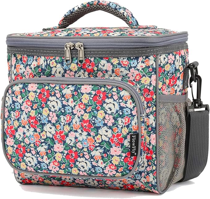 FlowFly Insulated Reusable Lunch Bag Adult Large Lunch Box for Women and Men with Adjustable Shoulder Strap,Front Zipper Pocket and Dual Large Mesh Side Pockets,Floral-NeatNest